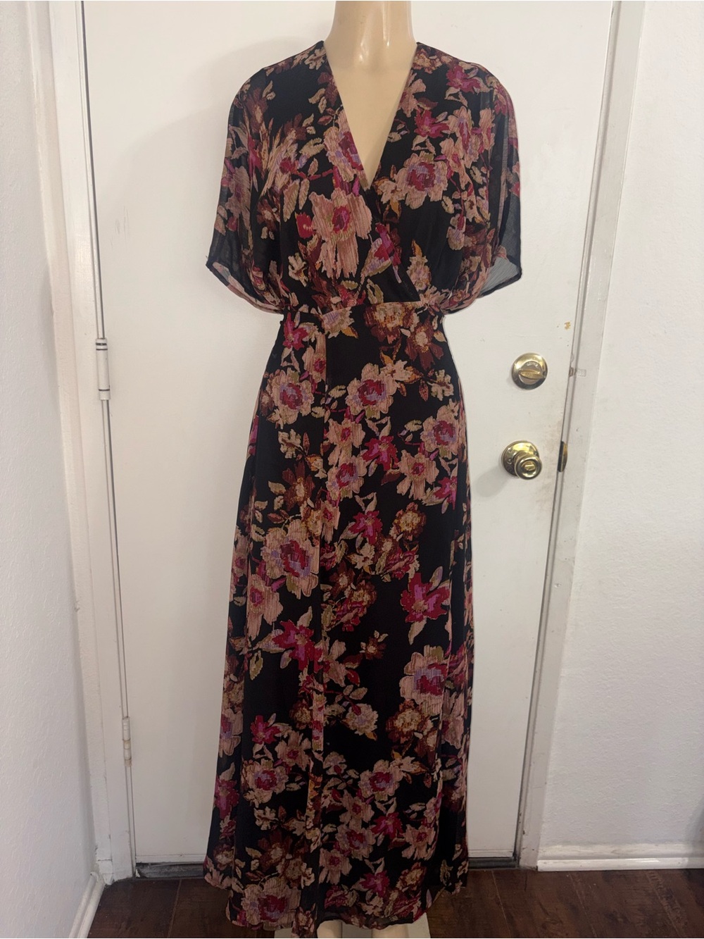 Vici Black Maxi Dress with Pink and Tan Floral Print